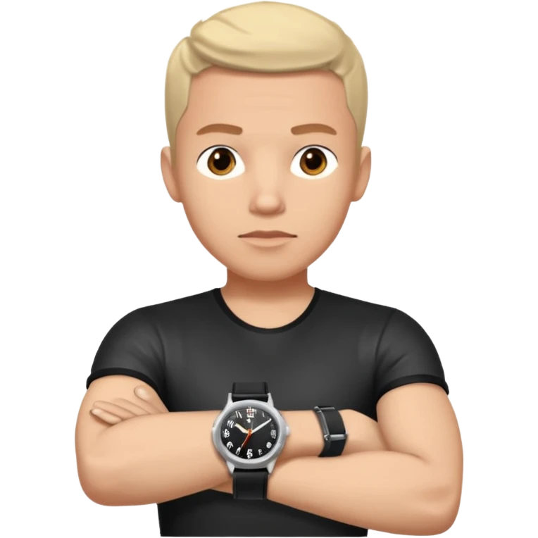 man wearing a black strap watch on his wrist portrait, head and shoulders only, wrist clearly visible, black leather strap watch worn on arm, confident expression, 3D cartoon, mobile game icon style, clean background, no text, no watermark
 emoji