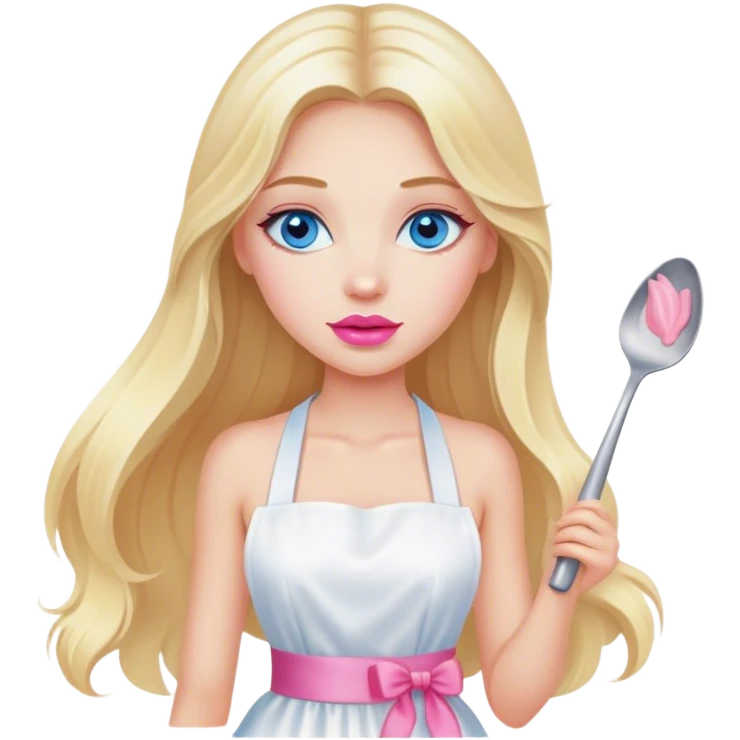 Cinematic realistic beautiful blonde with long hair, blue eyes and pink lips in a white dress cooks emoji