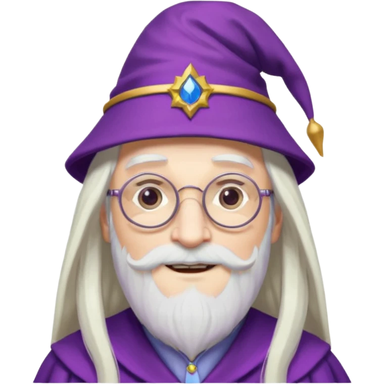 dumbledore, long white hair, wear purple magic hat, glasses emoji