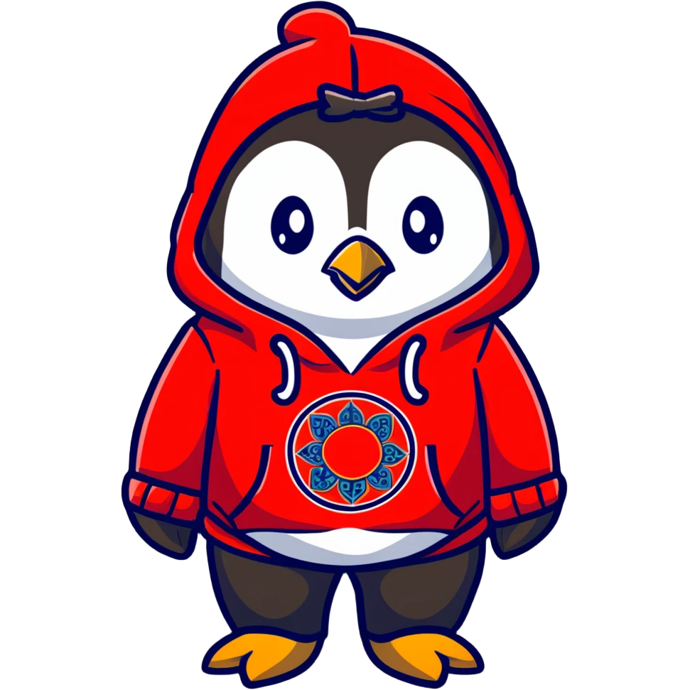 penguin wearing a red paisley pattern hoodie emoji
