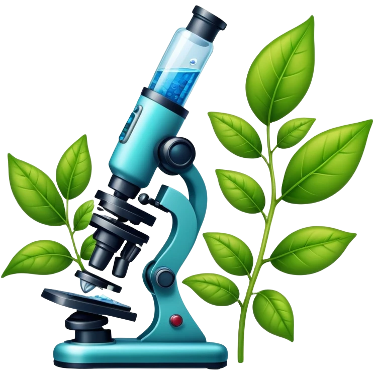 An icon featuring a DNA helix, a microscope, and a plant leaf, symbolizing biology. The design includes animal cells, a test tube, representing the study of life forms, ecosystems, and genetics. Transparent background highlights the exploration of living organisms. emoji