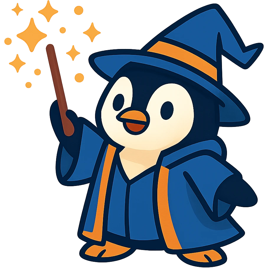 a cute penguin wizard casting a spell, wearing a robe and holding a wand, magical sparkles around emoji