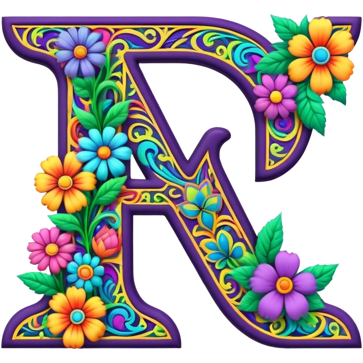 3D, gothic style psychedelic colored Letter W with hippie style flower border emoji