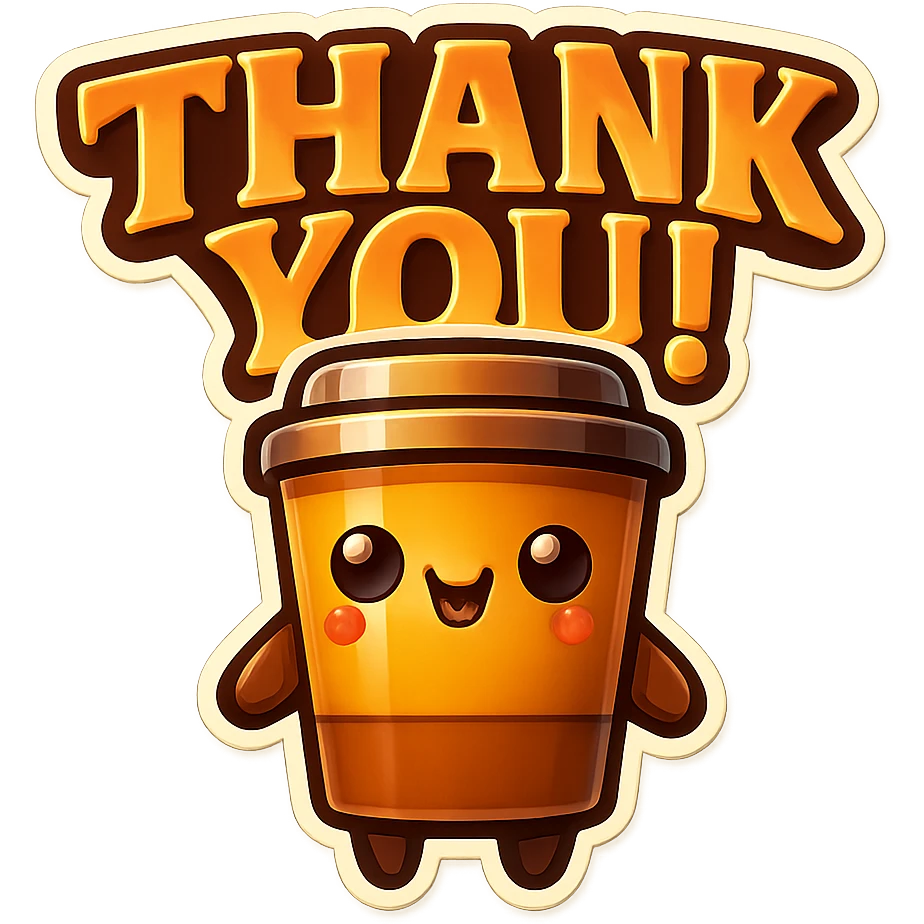 Tall coffee cup, big smile, big "THANK YOU!" emoji