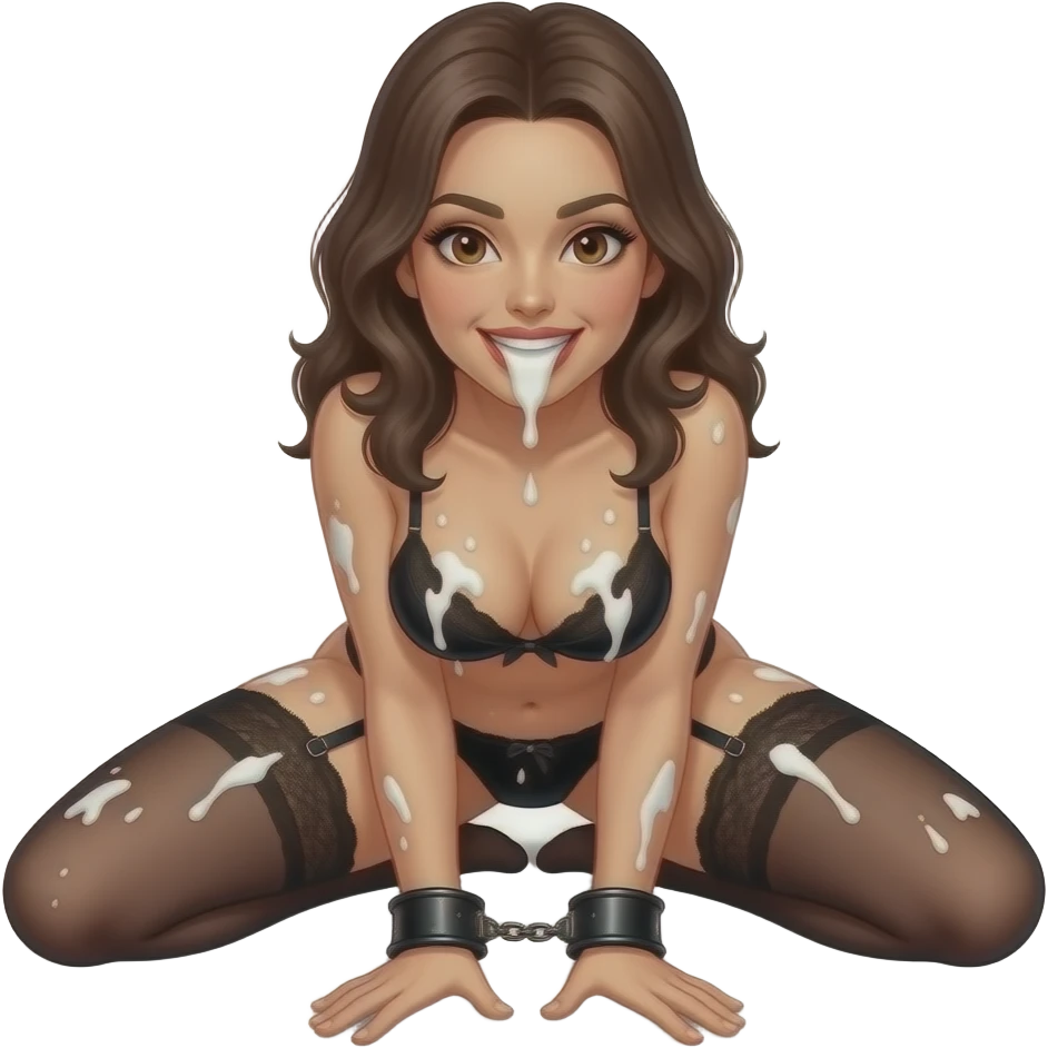 Sexy brunette brown eyes mouth full of milk laying on stomach on knees legs wide in black lingerie covers all over with splattered chunky whitecake batter in black leather hand cuffs  view from behind emoji
