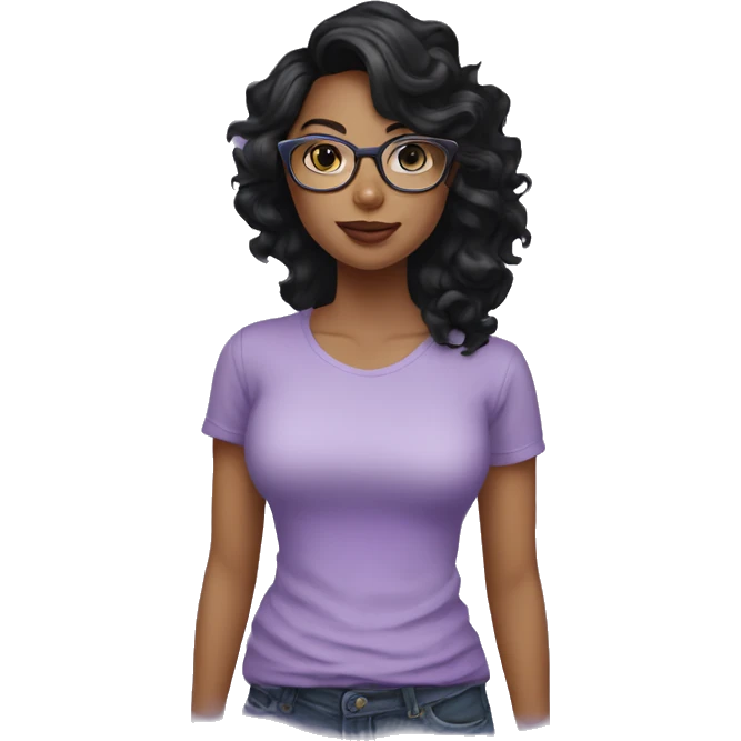  woman with long black wavy hair, fair skin, big lips, wearing lilac t shirt and glasses emoji