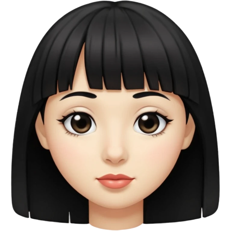 black hair with bangs, small lips, big black eyes, small large nose and dimples emoji