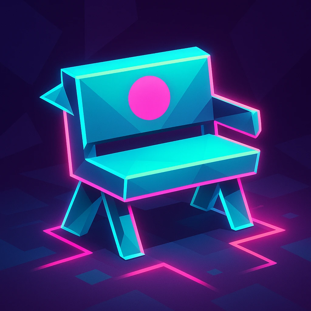 bench designed in the style of Just Shapes and Beats character, simple geometric shapes, vibrant neon colors, glowing edges, playful and energetic emoji