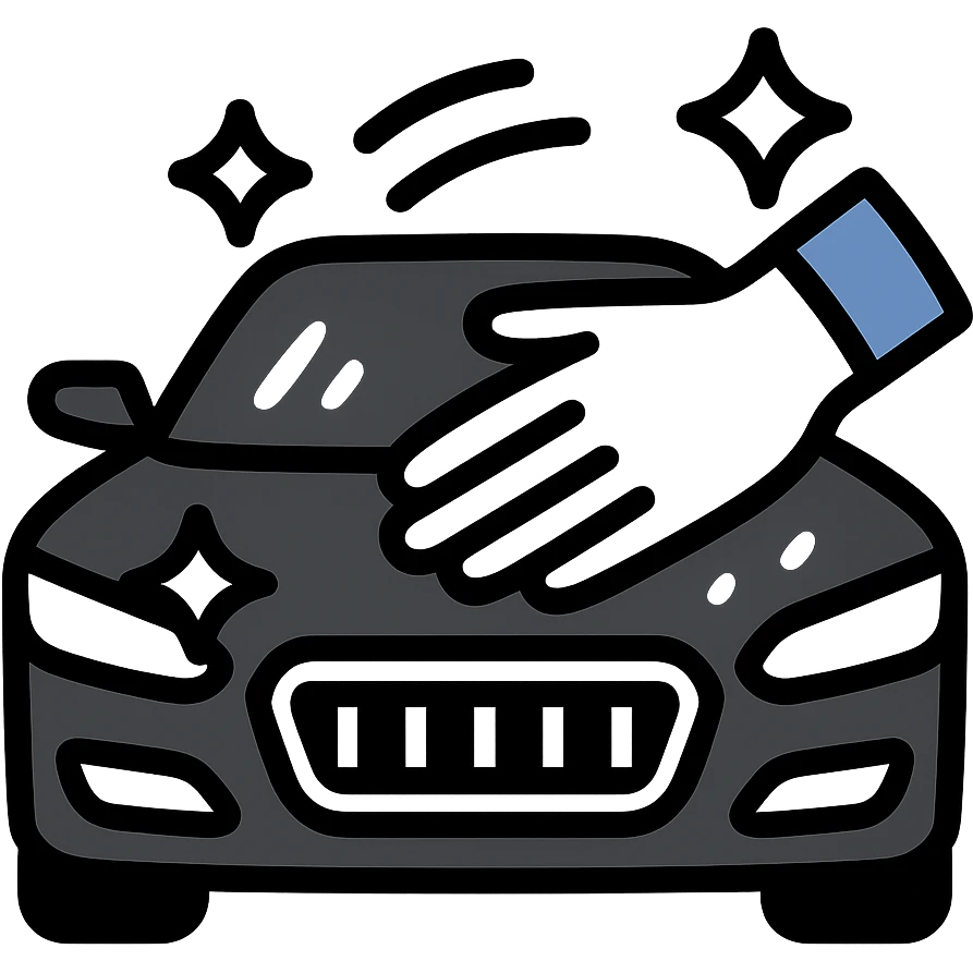 elegant hand with white or black glove on the hood of a high-end car, water drops or shine, main color black with silver or white details, smooth motion lines suggesting cleaning, modern and clean icon emoji