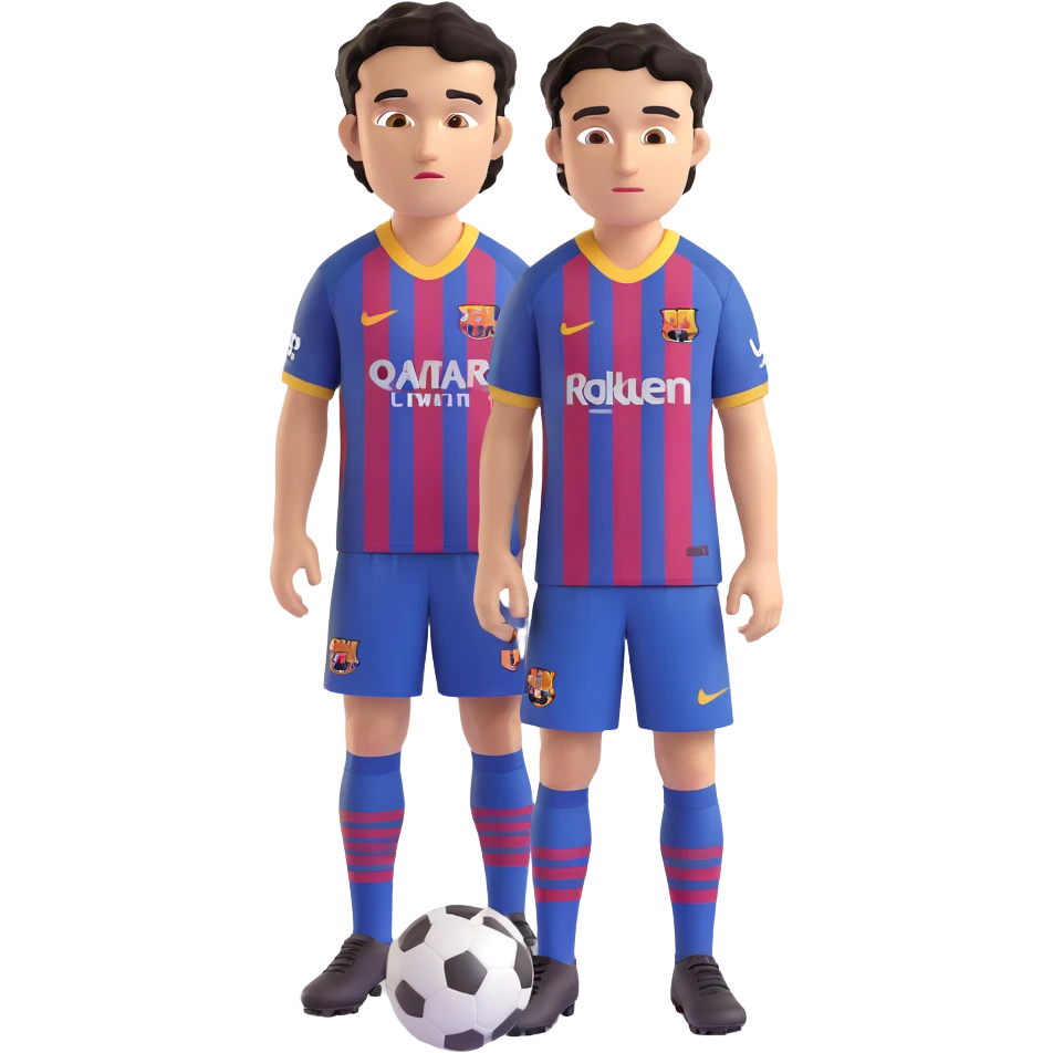 young male footballer with short curly black hair, brown eyes, confident look, in FC Barcelona kit, oversized eyes, smooth shading emoji