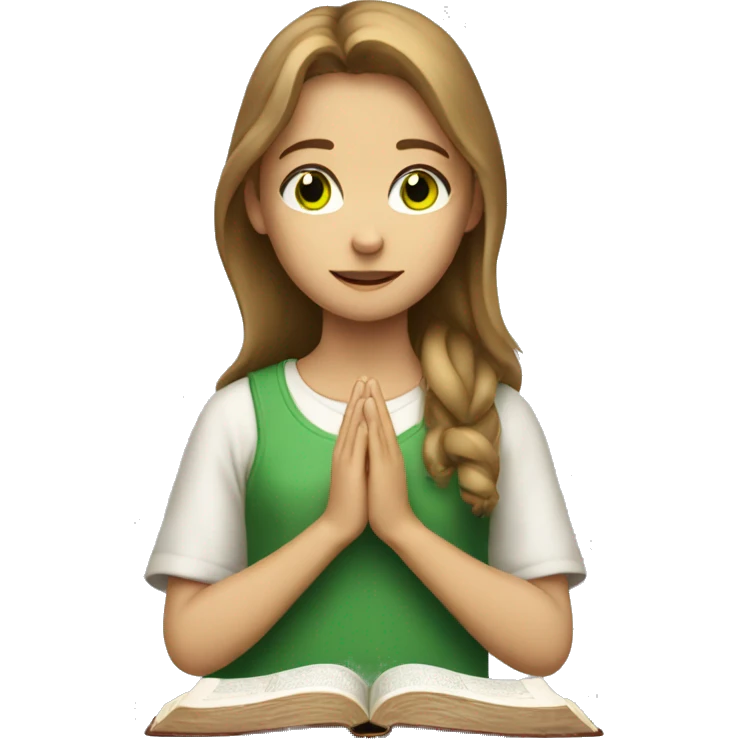 A girl with light brown hair green eyes with a Bible praying to God emoji