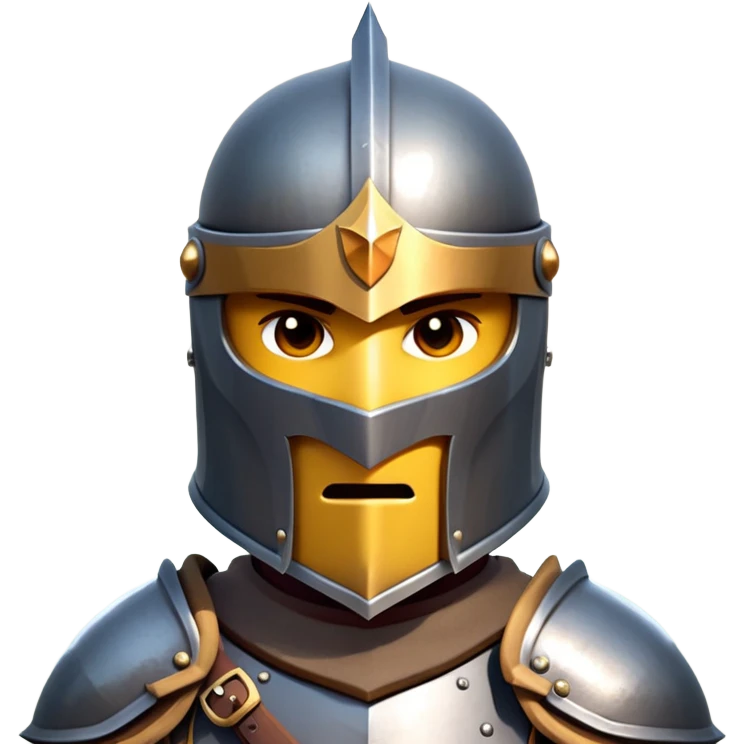 clash-of-clans-aesthetic_-cinematic-fearsome-and-majestic-knight-bust-portrait-emoji, rendered in a flat, vector-style with minimal shading and bold, simplified shapes, depicting a battle-ready medieval knight with steely eyes and intricate armor, mounted on a warhorse reflecting sunlight over a misty battlefield. emoji