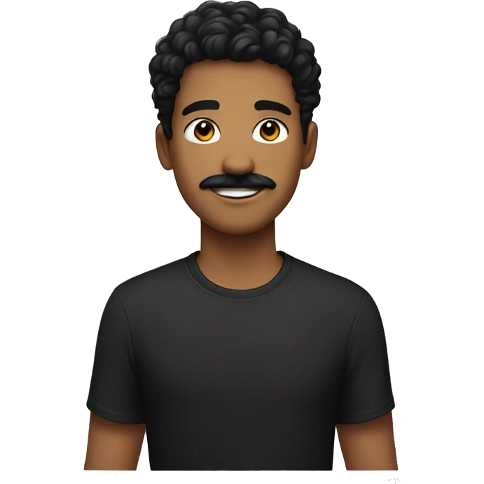 A young man with black hair has a mustache wearing a smiling , black T-shirt, face a bit broader emoji