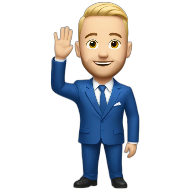 mac miller waving his hand with a blonde comb over skin fade wearing a blue suit emoji