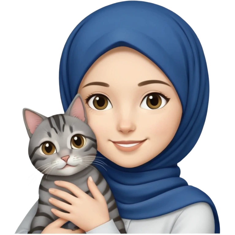 White girl wearing dark blue hijab with white shirt smiling while holding a black grey tabby cat emoji