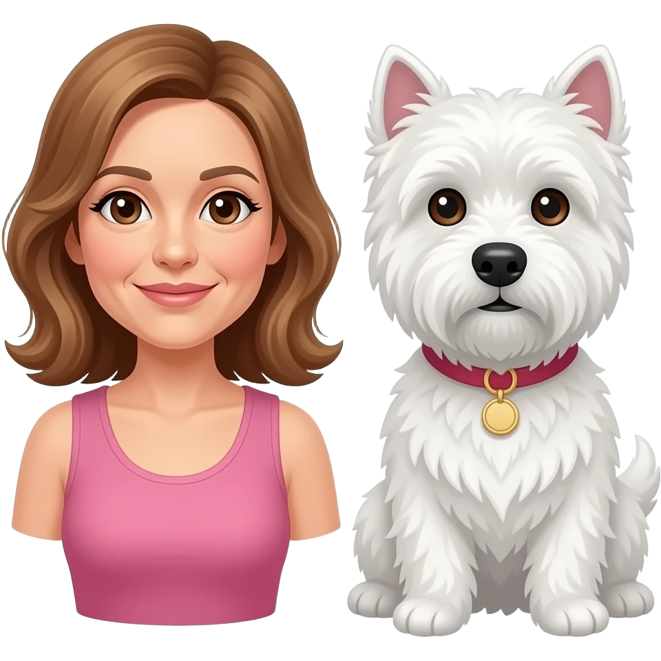 Middle age woman brown eyes , shoulder length light brown hair, with a female westie and a male westie emoji