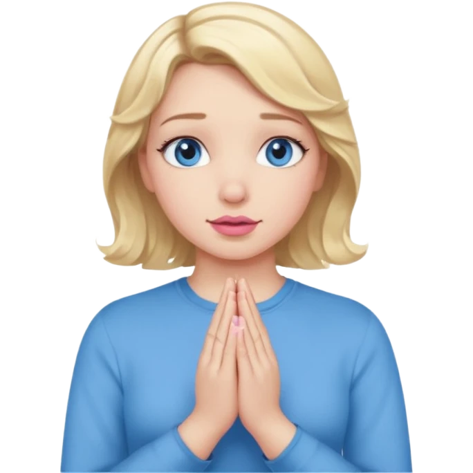 Girl Blonde short wavy hair,  blue eyes, cute blue top, long lashes, pink lips, praying hands emoji