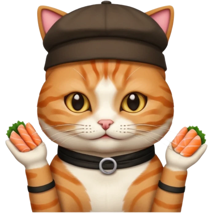 cat with its fingers crossed wearing a hat made out of sushi emoji