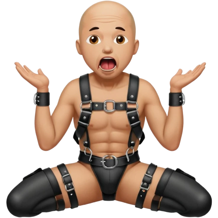 a bald man on his knees in a black leather harness with his mouth open and tongue out being pissed on by another person emoji