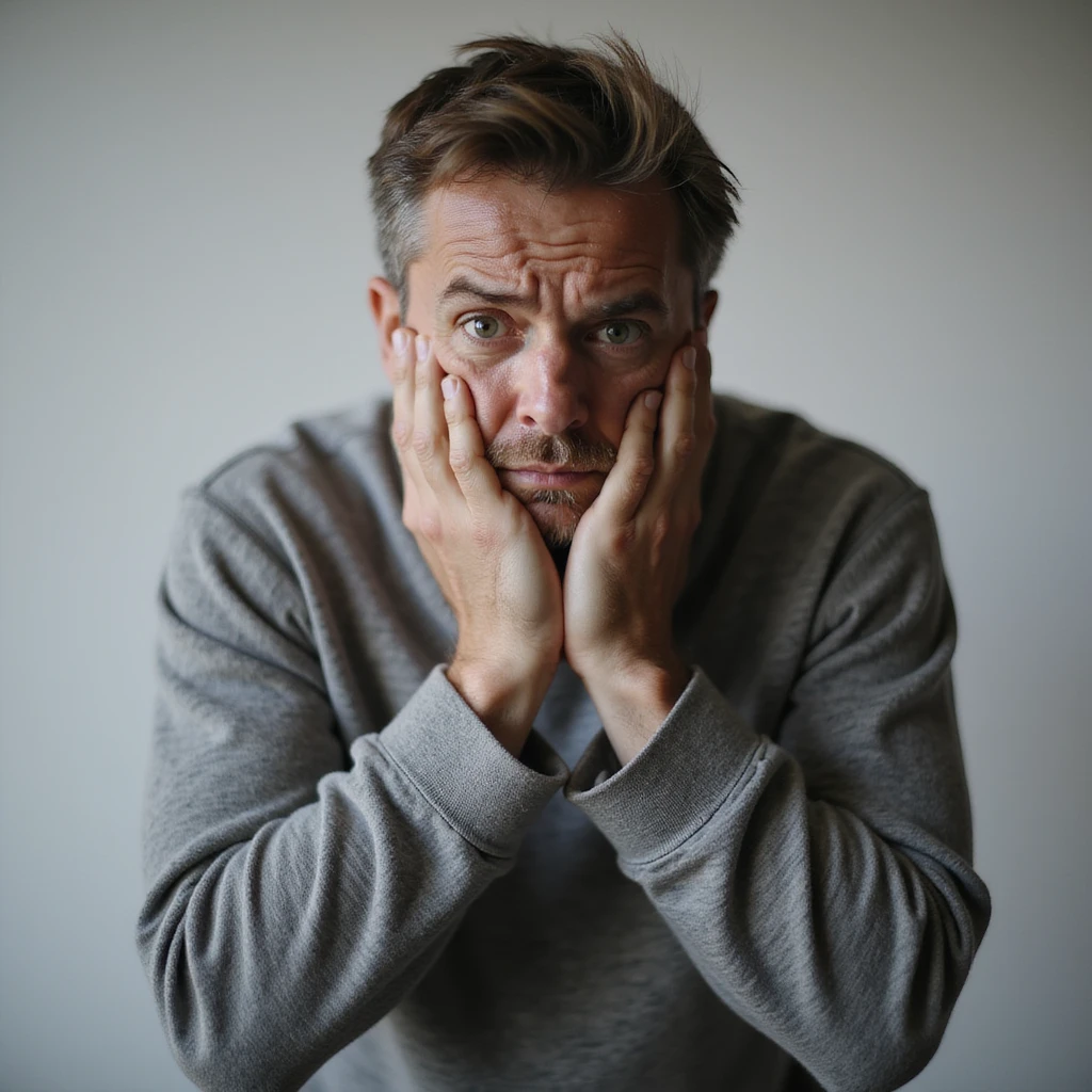 realistic 30-year-old man with evident anxiety, clenched jaw, arms tightly held by hands, fixed gaze, minimalist background emoji