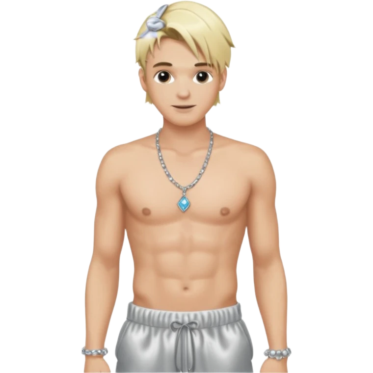 Aaron Carter with blonde hair, silver satin baggy pants, shirtless with necklace  emoji