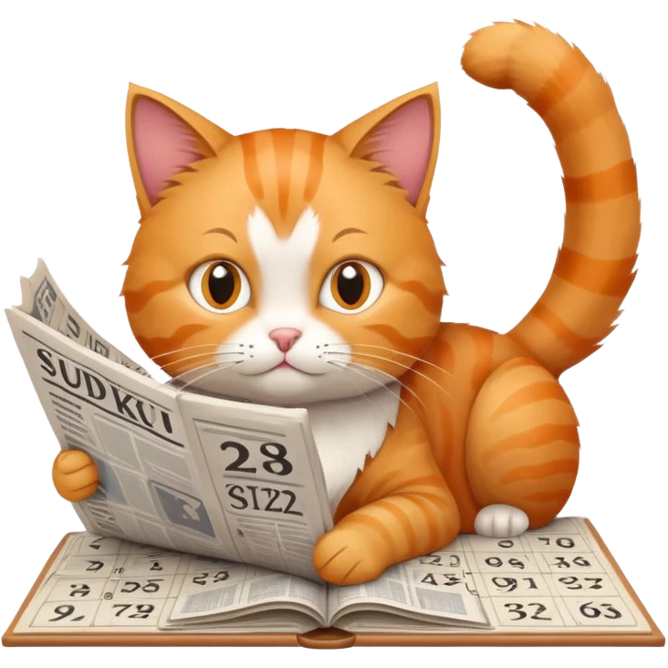 cat solving sudoku puzzles in a newspaper, concentrating on numbers, puzzle-solving cat with newspaper emoji