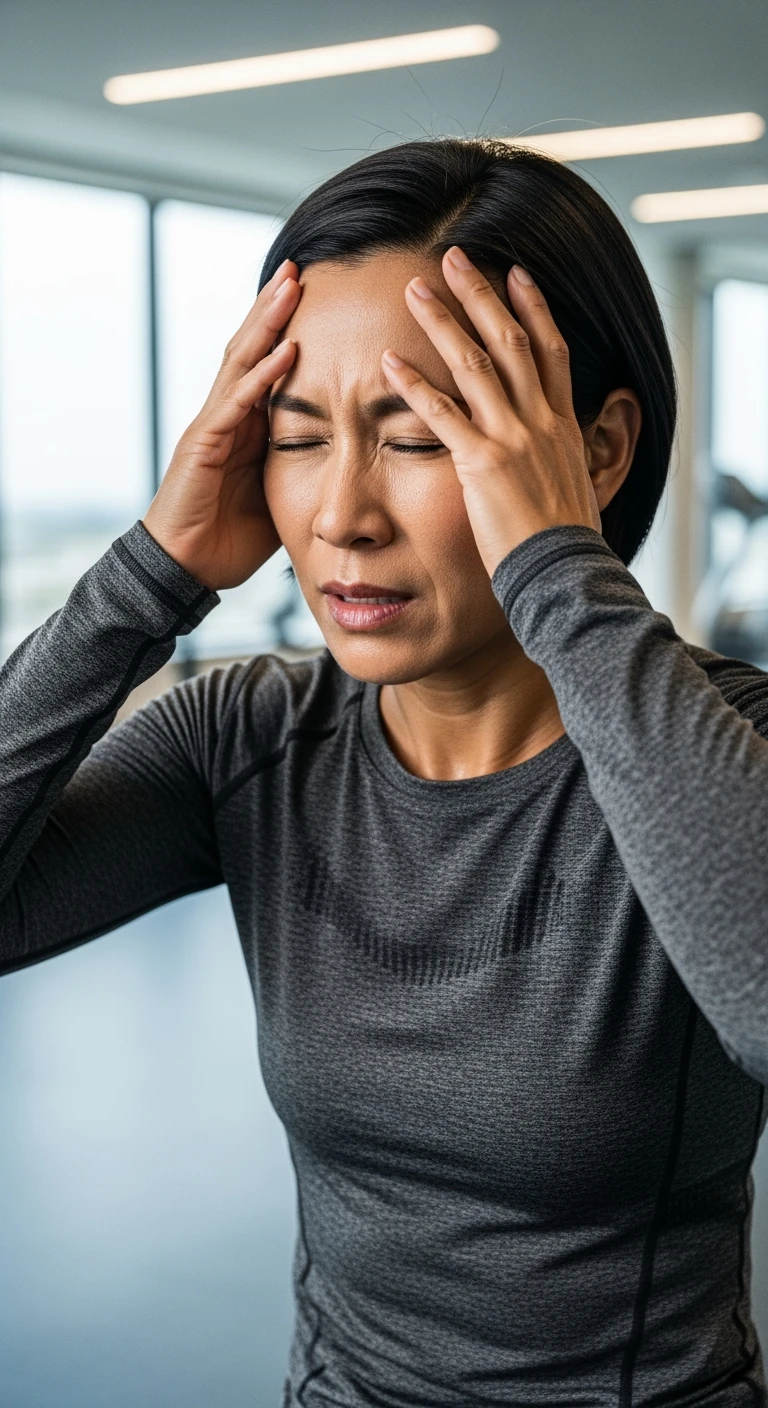DONNA FITNESS STRESSATA CHE SI TIENE LE MANI SULLA FRONTE, IPERREALISTICA 4K emoji