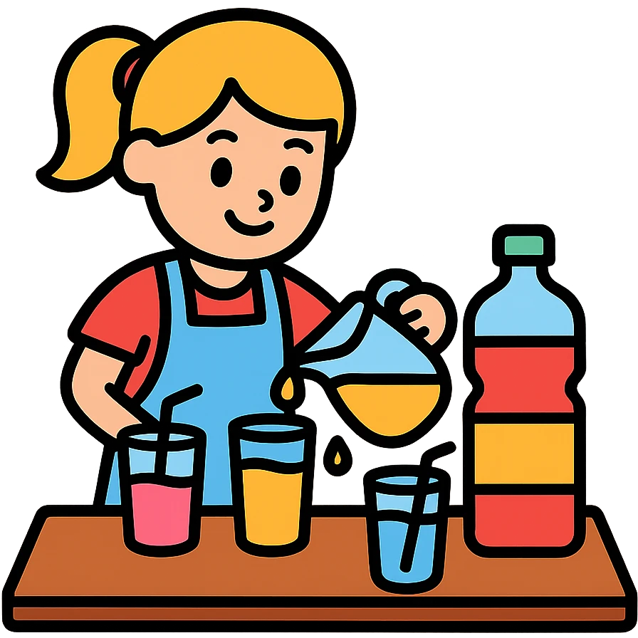 cartoon girl preparing cold drinks and juices on a table, bright colors emoji