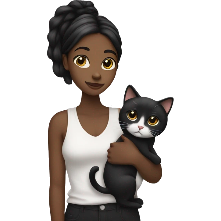 Straight hair Black girl holding black/white cat emoji