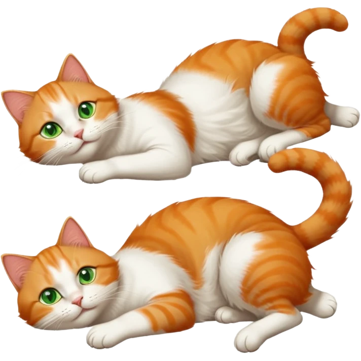 ginger and white cat with green eyes doing a big extremely long stretch reaching up into the air with arms and legs side by side together straight and overextended whilst lying on its side emoji