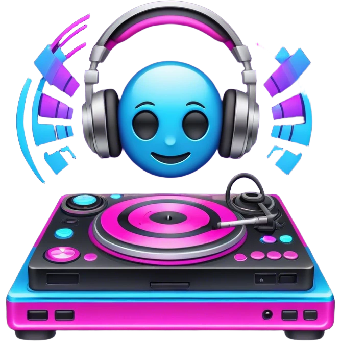 Create a dynamic and modern emoji that represents remixing music. The design should feature a turntable, a soundwave, and music editing software icons to symbolize the process of transforming original tracks. Add elements like a DJ controller or headphones to emphasize the remixing aspect. Use vibrant colors like neon pink, electric blue, and purple to convey the energy and creativity involved in remixing. The background should be transparent. emoji