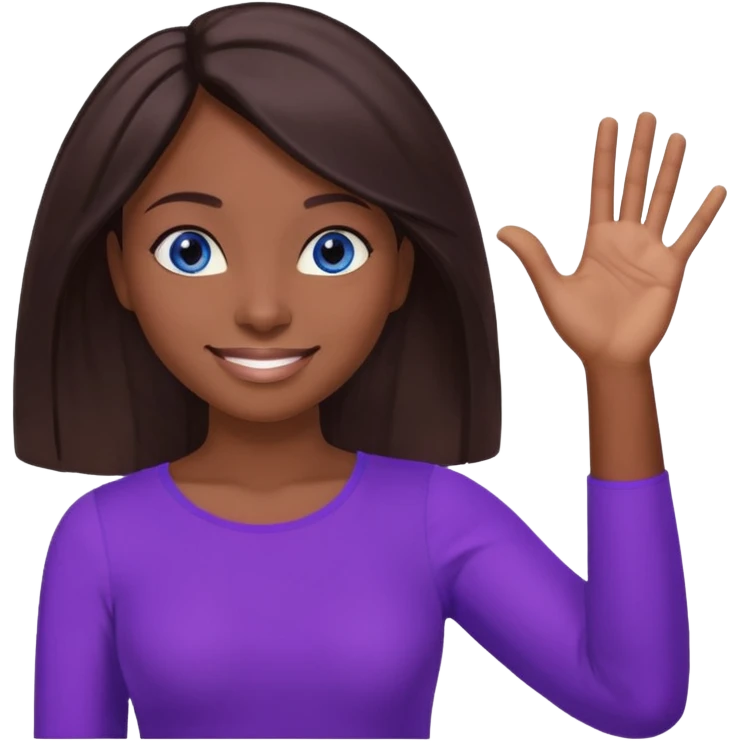 Dark brown hai woman with shoulder-length hair, blue eyes, wearing a purple top, smiling with one hand raised to the side, palm facing up. The gesture looks like she’s presenting something, offering help, or saying “Here you go!”

 emoji