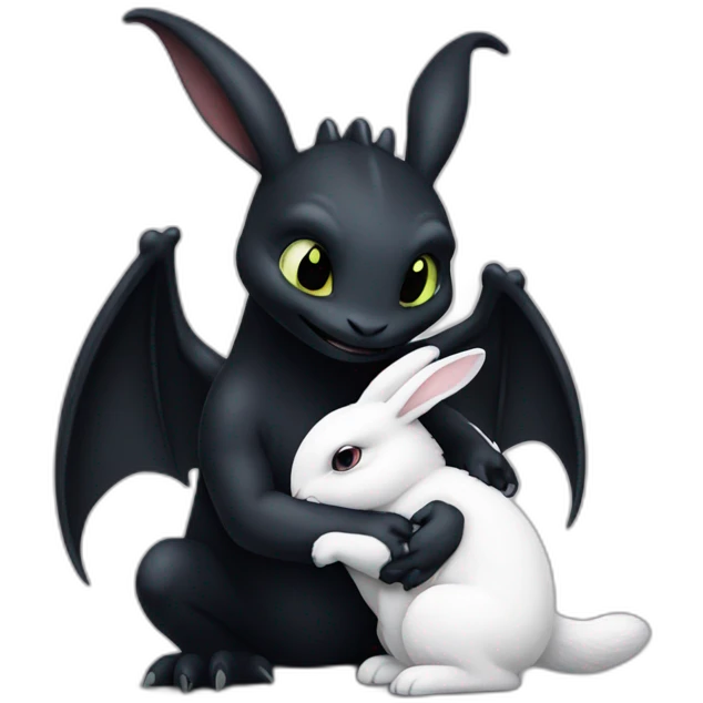 Toothless the dragon hugging a white bunny emoji
