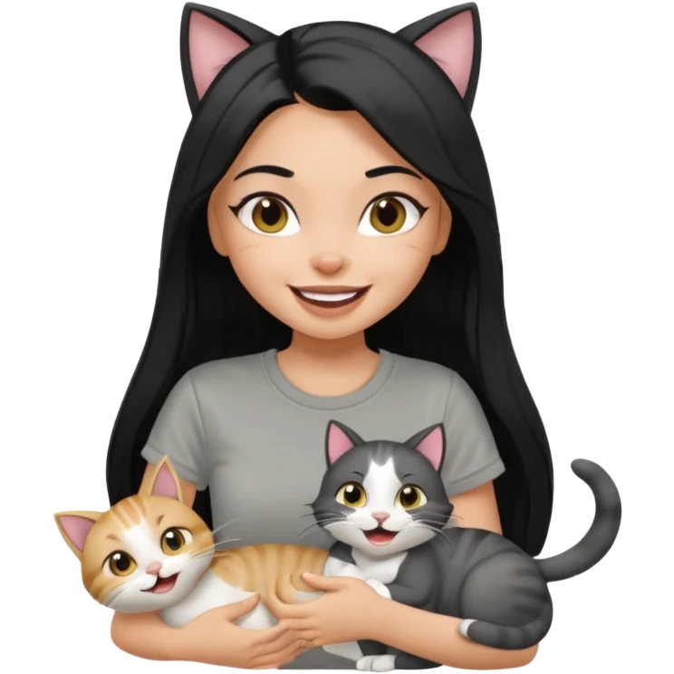 a pretty bratz dusky girl with long straight hair playing with 2 cats nd wearing a grey tshirt and laughing emoji