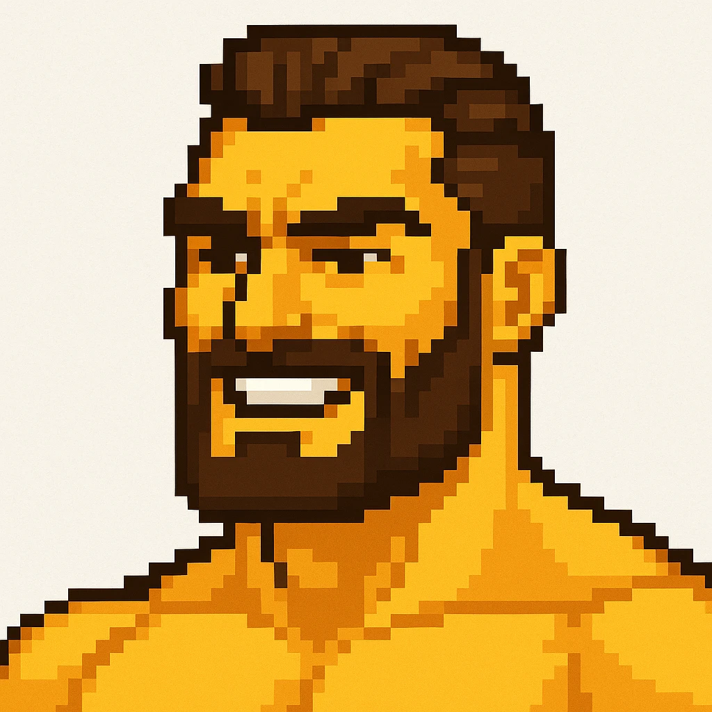 Create a gigachad emoji inspired by the reference image of a muscular man with a chiseled jawline and confident smile, in pixel art style. The emoji should be simplified and expressive, capturing the pixel art style. emoji