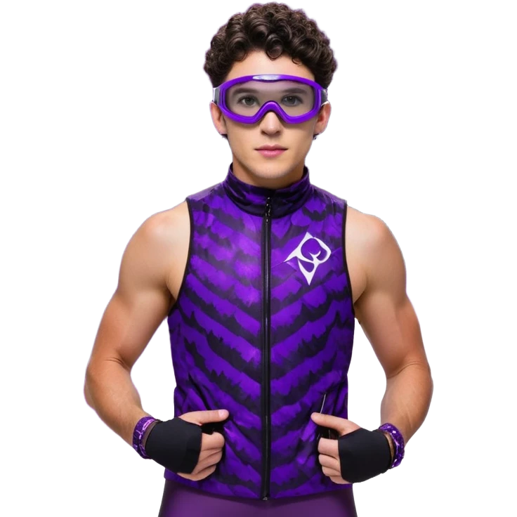 male athlete with white skin and moderately curly dark brown hair on top with shaved sides, wearing ski goggles with purple frames and very dark black lenses, a simple plain black chain necklace, and a completely unzipped sleeveless vest with purple and black sequin fire pattern design with no logo, fully revealing his chest, shoulders and arms, no earrings emoji