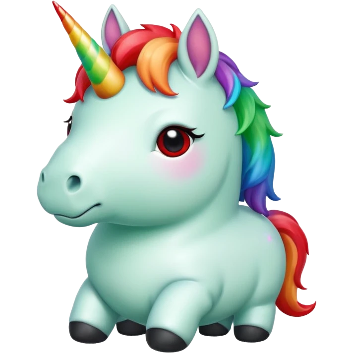 Small chubby unicorn in colour jade, black and red eyes, faring rainbow emoji