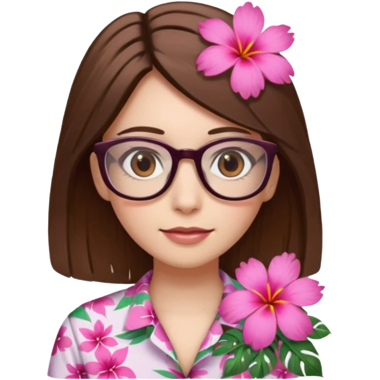 female with white skin. Shoulder length straight brown hair. Brown eyes with glasses. Hawaiian Flower in hair emoji