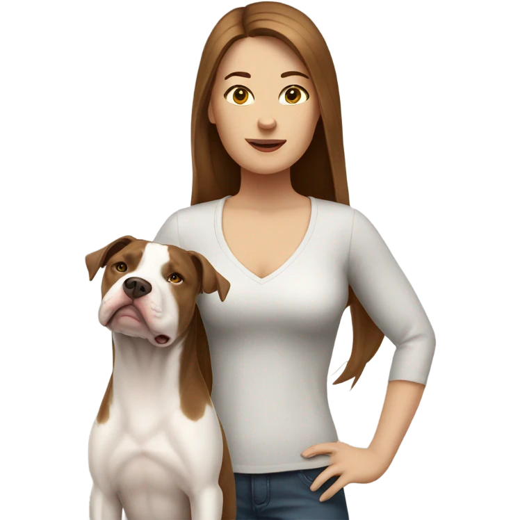 white woman with straight long brown hair standing alongside a white pitbull emoji