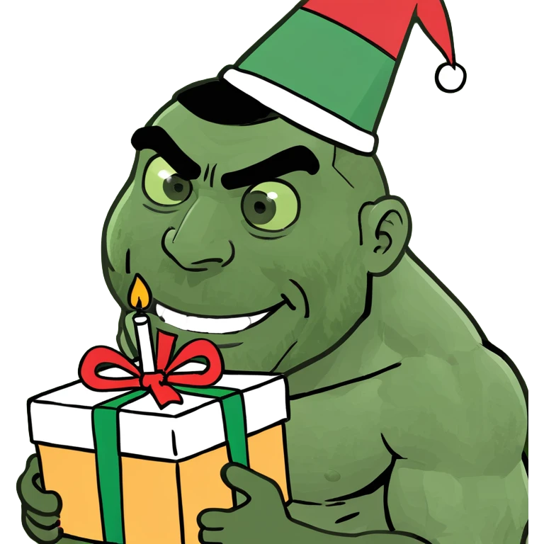 Muscle man, lifting birthday cake and present with a birthday hat on his head emoji