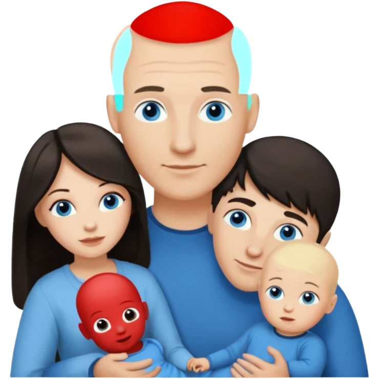 Eigene Familienbild, Frau dunkle lange Haare,  Mann Glatze und blaue Augen, kind 2 Jahre und blond und dunkle Augen  emoji