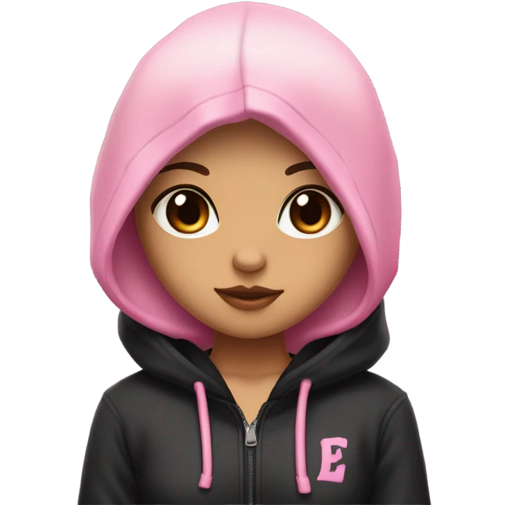 woman with tan skin, dark brown eyes, short neck length wolfcut, brown hair with pink only in the front, black hoodie with black hood on, emo, alt, e-girl emoji