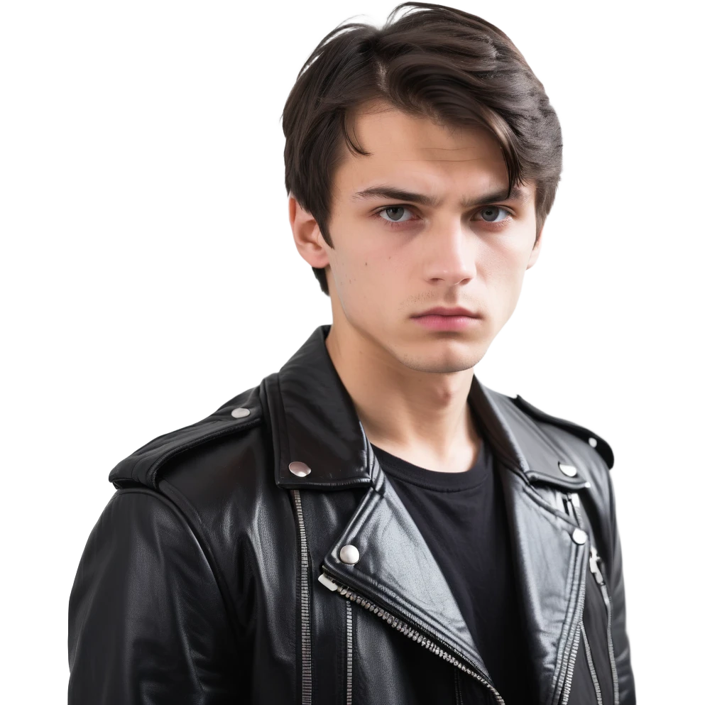 Danila Bagrov from Brother 2 movie, young Russian man with short dark hair, serious expression, wearing black leather jacket emoji