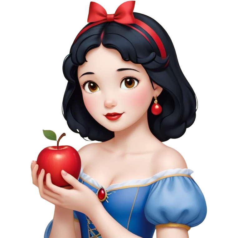 Cinematic Realistic Snow White Portrait, depicted with lifelike skin texture, soft natural lighting, and intricately detailed black hair styled with a red ribbon. Her soft brown eyes radiate innocence and kindness, complemented by a warm, gentle smile. She holds an apple in one hand, her other hand resting against her cheek, embodying her purity and charm. She is dressed in her classic yellow, blue, and red gown, the fabric rich in texture with delicate folds that catch the light beautifully. The portrait features a soft, natural glow with a radiant finish, capturing the essence of timeless beauty in a realistic and painterly style. emoji