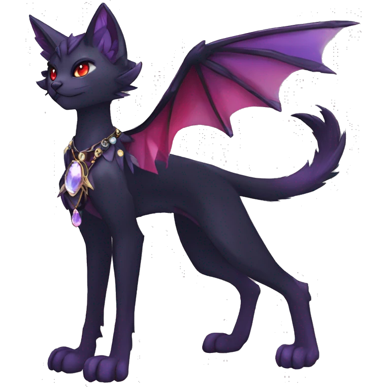 cool cartoon anthro edgy distinguished ethereal elegant beautiful fantasy black purple red ethereal fantasy nargacuga-Noivern-cat-Quiana-Fakemon collar harness moon gem jewels full body emoji
