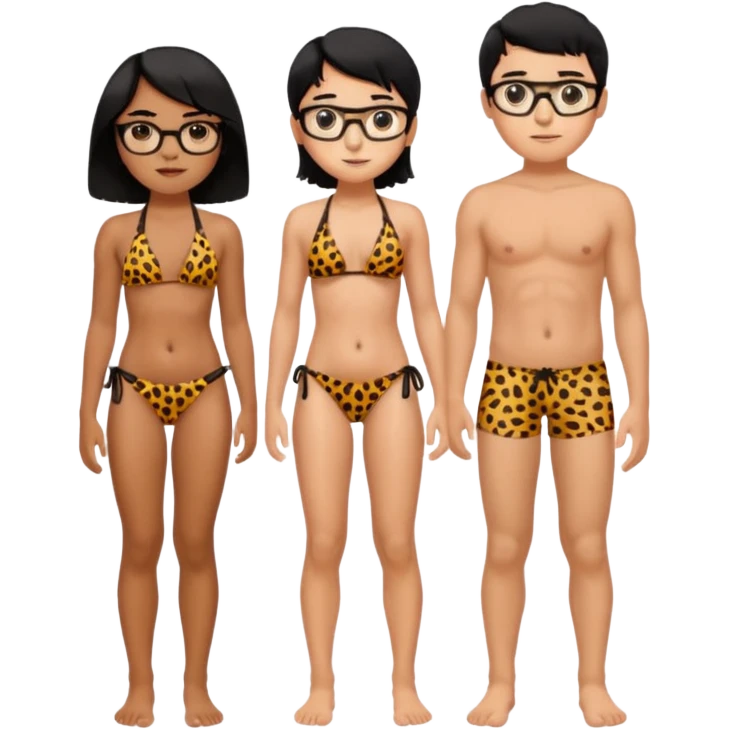 black haired girl with big boobs wearing a cheetah print bikini standing with a boy with black hair wearing glasses and shirt less girl with no glasses emoji