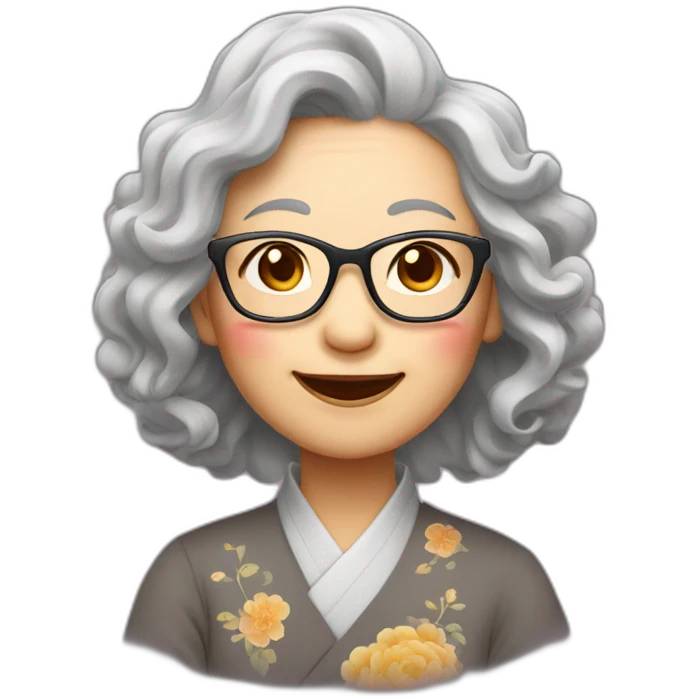 Chinese senior lady wear glasses has wavy long hair show love sign emoji