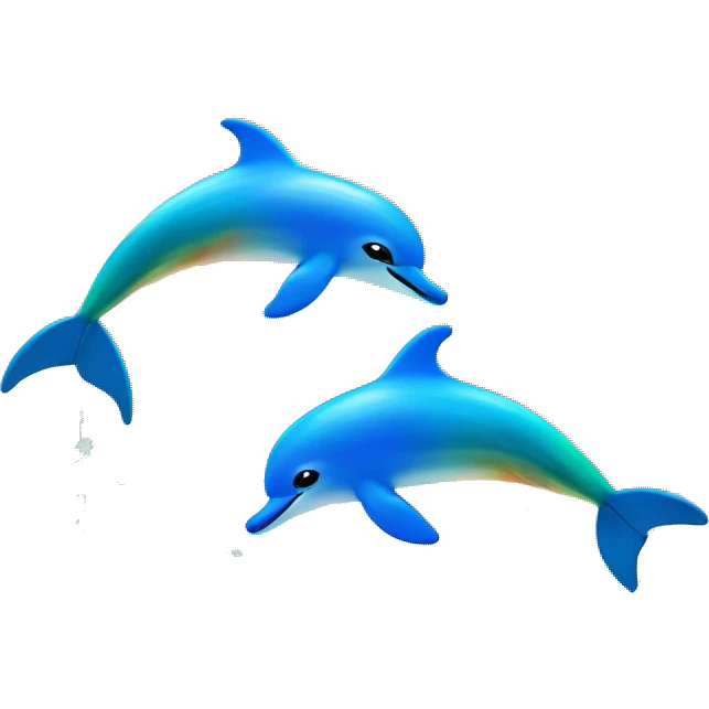 Two rainbow dolphins jumping out of the water with a sunset behind them emoji