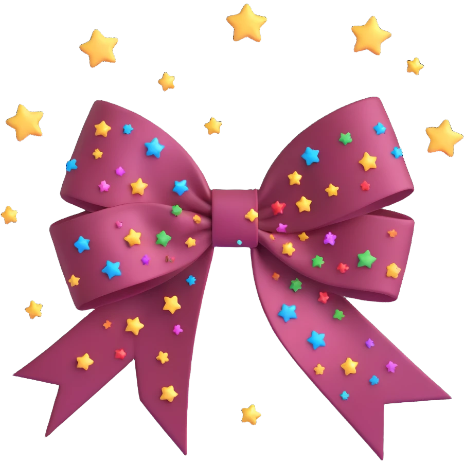 sparkly burgundy bow with stars, confetti burst background, no gold outline emoji