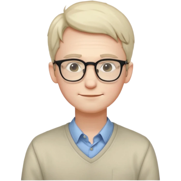 Timid adult male, pale skin, slim, soft features, glasses, slightly hunched posture, shy smile, casual nerdy clothes, small subtle blush, readable at small size, distinct from all other roles emoji